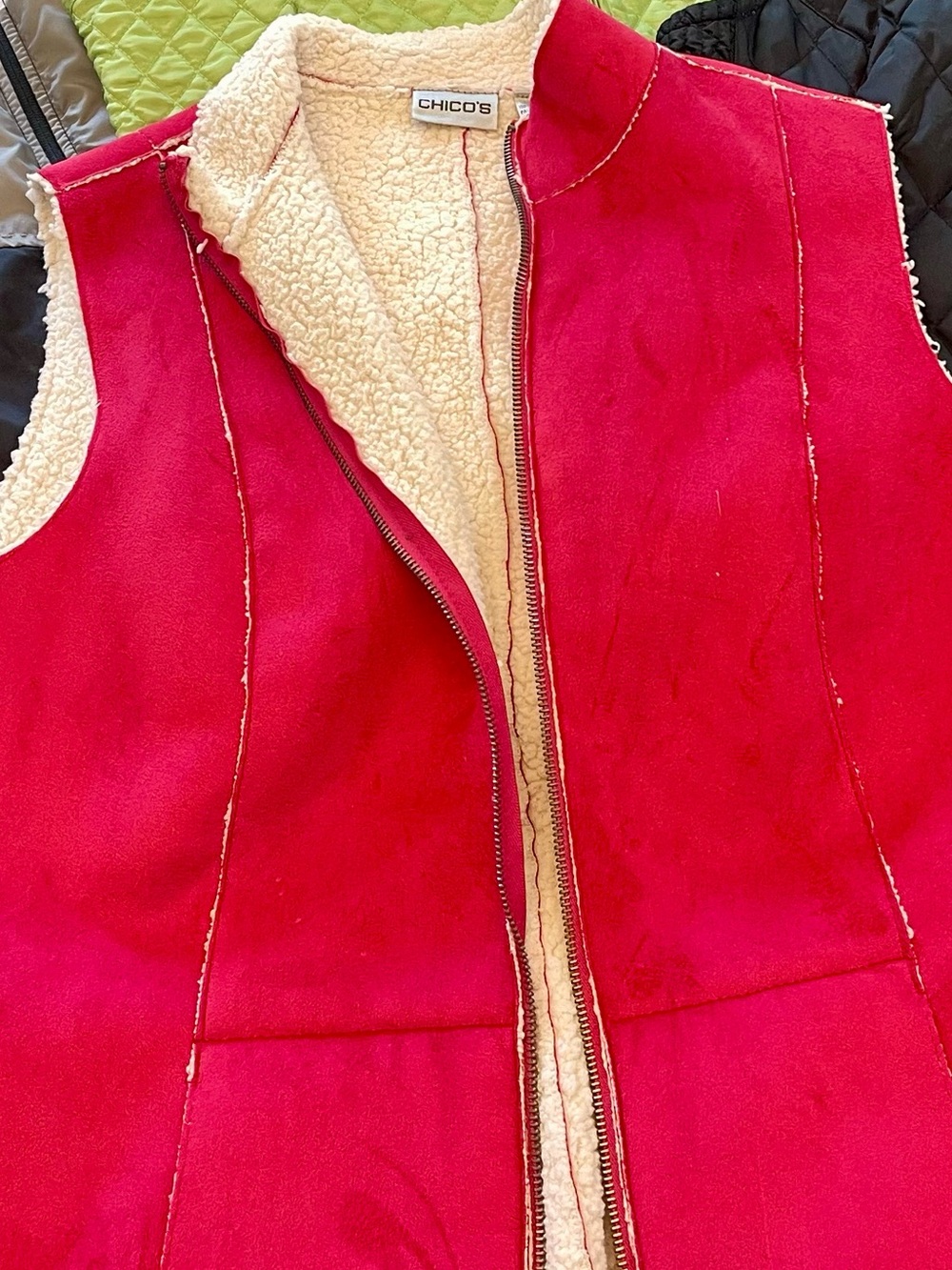 Chico's Festive Red Sherpa-Lined Vest